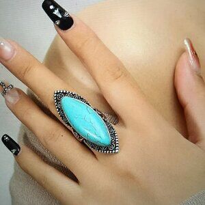 Bohemian Style Water Droplet Turquoise Ring, Silver Color